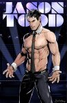  1boy abs artist_name bara batman_(series) black_pants character_name dc_comics detached_collar evinist highres jason_todd large_pectorals male_focus multicolored_hair muscular muscular_male necktie nipples pants pectorals short_hair smile solo topless_male two-tone_hair white_hair wrist_cuffs 