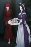  2girls ascot barefoot black_hair breasts character_request cup dress fata_morgana_no_yakata highres holding holding_tray indoors long_dress long_hair long_sleeves maid maid_headdress medium_breasts miura-n315 multiple_girls purple_dress red_dress red_hair skeletal_arm teacup teapot tray underbust 