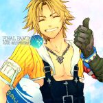  1boy black_overalls blitzball blonde_hair chain_necklace closed_eyes commentary_request earrings english_text final_fantasy final_fantasy_x gloves grin jewelry male_focus necklace overalls short_hair single_earring smile tasaka_(256505) thumbs_up tidus 