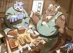  2023 anthro blue_body brown_body detailed_background duo felid food hi_res hon55728 inside kemono male mammal one_eye_closed overweight overweight_male pantherine sitting suid suina sus_(pig) tattoo tiger wild_boar wink 