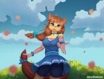  absurd_res anime_eyes anthro canid canine clothed clothing collar diamond_(gem) fan_character female fox gem hair hi_res hill landscape mammal offering_to_viewer roberttristeart smile solo 