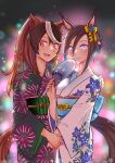  2girls air_groove_(umamusume) animal_ears black_kimono blue_eyes blurry blush bokeh bow breasts brown_hair closed_eyes depth_of_field ear_bow floral_print hand_fan hand_on_another&#039;s_shoulder highres holding holding_fan horse_ears horse_girl horse_tail japanese_clothes kimono long_hair long_sleeves looking_at_viewer multicolored_hair multiple_girls obi open_mouth paper_fan pink_eyes ponytail sash short_hair small_breasts smile standing streaked_hair symboli_rudolf_(umamusume) tail uchiwa umamusume upper_body urara_(himitsu_kamitu) white_kimono wide_sleeves yukata 