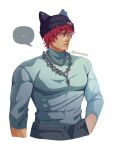  ... 1boy bandaid bandaid_on_face bandaid_on_nose bara grey_pants grey_shirt hat heartsteel_(league_of_legends) heartsteel_sett highres jewelry large_pectorals league_of_legends male_focus muscular muscular_male necklace official_alternate_costume pants pectorals red_hair sett_(league_of_legends) shameichi shirt short_hair solo twitter_username 