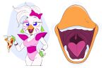  2023 accessory anthro avian beak bird blue_eyes bow_ribbon chicken clothing female five_nights_at_freddy&#039;s five_nights_at_freddy&#039;s:_security_breach food galliform gallus_(genus) gaping_mouth glamrock_chica_(fnaf) hair_accessory hair_bow hair_ribbon lecigzz leotard mouth_shot open_mouth phasianid pizza pizza_slice ribbons scottgames solo steel_wool_studios tongue uvula 
