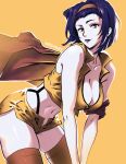  1girl armpit_crease artist_name breasts cape cleavage cowboy_bebop faye_valentine green_eyes hairband highres large_breasts medium_hair midriff missfaves navel plunging_neckline purple_hair purple_lips shirt shorts simple_background sleeveless sleeveless_shirt solo thighhighs yellow_background yellow_hairband yellow_shirt yellow_shorts 