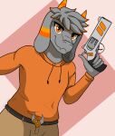  anthro bottomwear bovid caprine ceige clothed clothing floppy_ears fur goat grey_body grey_fur gun gusta_(gusta) hair handgun hi_res holding_object holding_weapon hoodie horn khaki_pants male mammal orange_clothing orange_eyes orange_hoodie orange_horn orange_stripes orange_topwear pants ranged_weapon revolver solo stripes topwear weapon 