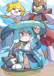  1girl aqua_hair aqua_headwear bisharp blue_eyes blue_hair chin_strap closed_mouth flute hat hat_ornament hatsune_miku highres holding holding_flute instrument japanese_clothes jirachi kimono long_hair looking_afar multicolored_hair on_floor poke_flute pokemon pokemon_(creature) print_sash project_voltage rgurei0529 sandogasa sash sitting star_(symbol) star_hat_ornament steel_miku_(project_voltage) tanzaku third_eye_on_chest twintails two-tone_skirt very_long_hair vocaloid wide_sleeves 