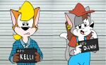  anthro barbie_and_ken_mugshot_meme canid canine clenched_teeth clothing dawn_morgenstern domestic_cat duo ear_piercing ear_ring felid feline felis female female/female flannel_shirt fox freckles hair kelli_fizuth looking_at_viewer mammal mugshot mugshotfront_view overalls photo_background photography_(artwork) piercing ponytail ring_piercing smile teeth worldoffizz 