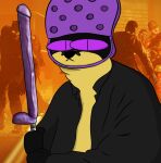  ambiguous_gender anthro black_body black_clothing black_fur clothing dildo_sword fur group hat headgear headwear hi_res humanoid humor looking_at_viewer mammal mustelid otter purple_eyes ready_to_fight roffa roffauwu solo_focus stare threatening undead yellow_body yellow_fur zombie 
