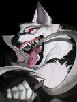  2023 anthro black_background blood bodily_fluids canid canine canis death_(puss_in_boots) excaliburwolf headshot_portrait hi_res male mammal open_mouth portrait red_eyes sickle simple_background solo wolf 