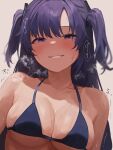  1girl bikini blue_archive blue_eyes blue_hair breasts dio_nand grin hair_between_eyes highres large_breasts long_hair micro_bikini simple_background smile steam steaming_body sweat swimsuit twintails white_background yuuka_(blue_archive) 