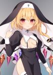  1girl alternate_costume blonde_hair blush breasts closed_mouth commentary_request crystal fang flandre_scarlet gradient_background grey_background highres looking_at_viewer medium_breasts miy@ nun red_eyes smile solo thighs touhou wings 