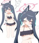  1girl absurdres animal_ears bare_arms bare_legs bare_shoulders bikini black_hair blue_archive cat_ears frilled_bikini frills hagoonha highres long_hair official_alternate_costume red_eyes serika_(blue_archive) serika_(swimsuit)_(blue_archive) swimsuit twintails white_background 