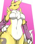  absurd_res anthro bandai_namco black_sclera blue_eyes breasts canid canine canis digimon digimon_(species) dima_(artist) featureless_breasts featureless_crotch female fur hand_on_hip hi_res mammal neck_tuft nude renamon simple_background solo standing tail thick_thighs tuft white_body white_fur yellow_body yellow_fur 