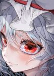  1girl absurdres black_background blush close-up closed_mouth commentary_request eyelashes grey_hair hair_between_eyes hat headshot highres lips looking_at_viewer mob_cap portrait red_eyes remilia_scarlet short_hair simple_background slit_pupils smile solo touhou tsune_(tune) white_headwear 