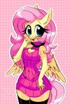  2023 5_fingers anthro anthrofied arm_tuft blue_eyes blush breasts cleavage cleavage_cutout clothed clothing ear_tuft equid equine eyelashes feathered_wings feathers fingers fluttershy_(mlp) friendship_is_magic fur hair hasbro hi_res legwear long_hair mammal my_little_pony navel pegasus pink_background pink_hair sillyraerae simple_background smile stockings sweater topwear tuft turtleneck wings yellow_body yellow_feathers yellow_fur 