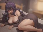  1girl @_@ barefoot black_dress black_hair blurry blurry_background breasts cleavage commentary covered_nipples dress english_commentary english_text feet_out_of_frame hair_between_eyes hairband heavy_breathing hex_maniac_(pokemon) large_breasts legs long_hair long_sleeves looking_at_viewer lying no_bra on_side patreon_logo patreon_username pokemon pokemon_(game) pokemon_xy purple_hairband shexyo solo thighs web_address 
