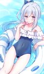  1girl baram bare_shoulders blue_archive blue_bow blue_one-piece_swimsuit blush bow breasts cellphone cleavage collarbone commentary_request feet_out_of_frame frilled_one-piece_swimsuit frills grey_hair hair_between_eyes hair_bow halo hand_up highres holding holding_phone innertube long_hair looking_at_viewer miyako_(blue_archive) miyako_(swimsuit)_(blue_archive) off-shoulder_one-piece_swimsuit off_shoulder one-piece_swimsuit parted_lips phone ponytail purple_eyes small_breasts solo swimsuit very_long_hair water 