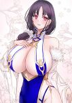  1girl azur_lane bare_shoulders blue_dress breast_curtains breasts china_dress chinese_clothes cleavage cowboy_shot dress earrings gigantic_breasts hair_over_shoulder hand_on_own_chest highres jewelry long_hair long_sleeves looking_at_viewer parted_lips pelvic_curtain purple_hair red_eyes revealing_clothes sai-go see-through see-through_sleeves side_slit solo standing ting_an_(azur_lane) 