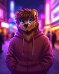  ai_generated anthro bear blurred_background blush brown_bear city clothing eyewear glasses invalid_tag male mammal neon neon_lights shy slightly_chubby smile smiling_at_viewer topwear ursine winter 