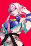  blue_eyes dougi hand_on_own_hip hand_up highres hime_cut hip_vent manon_(street_fighter) martial_arts_belt off_shoulder pink_hair red_background s0gaharahen simple_background spandex street_fighter street_fighter_6 thick_lips wristband 