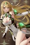 1girl absurdres amayo_thranana bare_legs bare_shoulders blonde_hair blush breasts chest_jewel cleavage cleavage_cutout clothing_cutout dress earrings elbow_gloves feet_out_of_frame gloves highres jewelry large_breasts long_hair mythra_(xenoblade) short_dress solo swept_bangs tiara very_long_hair white_dress white_gloves xenoblade_chronicles_(series) xenoblade_chronicles_2 yellow_eyes 