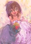  1girl absurdres bouquet brown_eyes brown_hair commentary dress folded_ponytail hair_between_eyes highres holding holding_bouquet inazuma_(kancolle) kaamin_(mariarose753) kantai_collection long_hair looking_at_viewer open_mouth sidelocks smile solo wedding_dress white_dress 