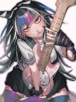  1girl black_hair black_sailor_collar black_scrunchie blue_hair blush breasts danganronpa_(series) danganronpa_2:_goodbye_despair ear_piercing gloves grey_shirt guitar hair_horns highres holding holding_guitar holding_instrument instrument jewelry kado_51 long_hair looking_at_viewer mioda_ibuki multicolored_hair open_mouth piercing pink_eyes pink_hair ring sailor_collar school_uniform scrunchie serafuku shirt short_sleeves skirt solo striped striped_gloves thighhighs white_hair wrist_scrunchie 