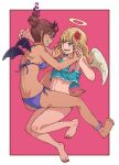  2girls angel angel_wings ass barefoot bikini blonde_hair blue_eyes brown_hair dark-skinned_female dark_skin demon_girl demon_horns demon_wings feet flower full_body gradient_hair green_eyes grin hair_bun hair_flower hair_ornament halo highres horns interlocked_fingers legs long_hair multicolored_hair multiple_girls nail_polish original pink_hair pointy_ears purple_hair side-tie_bikini_bottom simple_background smile smirk swimsuit tanuki_koubou toe_scrunch toenail_polish toenails toes two-tone_hair wings 