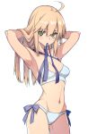 10mo 1girl adjusting_hair ahoge arms_up artoria_pendragon_(fate) bikini blue_bow bow bow_bikini breasts character_request collarbone cowboy_shot fate_(series) green_eyes grey_bikini hands_in_hair highres long_hair looking_at_viewer medium_breasts mouth_hold navel ribbon ribbon_in_mouth simple_background solo standing stomach swimsuit white_background 