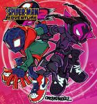  2boys artist_name back-to-back building dreadlocks english_commentary highres hood hoodie male_focus marvel miles_morales multiple_boys new_york parody prowler_(marvel) skyscraper sonic_(series) sonic_adventure_2 spider-man:_across_the_spider-verse spider-man_(series) spider-verse spoilers superhero the_noodle_(onebadnoodle) title_parody two-tone_bodysuit 