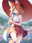  1girl absurdres animal_ear_fluff animal_ears blonde_hair blue_hair bow fox_ears fox_girl fox_tail hair_bow highres holding holding_umbrella indie_virtual_youtuber japanese_clothes kimono multicolored_hair multicolored_tail oil-paper_umbrella open_mouth rain red_bow red_eyes red_skirt sakura_chiyo_(konachi000) skirt solo tail umbrella virtual_youtuber yamano_kayo 