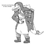  5_fingers anthro boots capcom cloak clothing dinosaur english_text fingers footwear furgonomics hi_res male merchant_(resident_evil) monochrome neckerchief plantigrade reptile resident_evil scalie simple_background snoot_game solo spinosaurid spinosaurus standing tail tail_pouch teeth text theropod tongue torn_clothing unknown_artist 