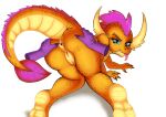  2019 absurd_res anthro anus blue_eyes brown_eyebrows butt butt_grab claws countershade_scales countershading dragon duo exelzior eyebrows feet female friendship_is_magic genitals hand_on_butt hasbro hi_res looking_at_viewer looking_back looking_back_at_viewer my_little_pony orange_body orange_scales pussy scales scalie seductive simple_background smolder_(mlp) soles spade_tail tail tongue tongue_out white_background wings yellow_body yellow_scales young 