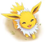  animal_focus brown_eyes commentary_request fangs from_above grass jolteon looking_at_viewer no_humans open_mouth pokemon pokemon_(creature) smile solid_eyes solo white_background witoi_(roa) yellow_fur 