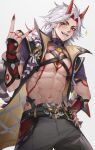  1boy \n/ abs absurdres arataki_itto belt black_nails candy daefny ear_piercing english_commentary fangs food genshin_impact hand_on_own_hip highres horns lollipop long_hair looking_at_viewer male_focus mouth_hold multicolored_hair open_mouth pants pectorals piercing red_eyes red_hair red_horns simple_background solo sparkle tassel toned toned_male vision_(genshin_impact) white_hair 