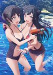  2girls :d beach_umbrella bikini bikini_shorts black_hair breasts cleavage collarbone commentary_request day double_bun green_eyes grey_eyes hair_bun highres holding holding_water_gun large_breasts looking_at_another looking_at_viewer love_live! love_live!_nijigasaki_high_school_idol_club medium_breasts multicolored_hair multiple_girls one-piece_swimsuit open_mouth outdoors playing polka_dot polka_dot_swimsuit pool scrunchie shamakho shorts smile strap_gap streaked_hair suspender_shorts suspenders swimsuit table takasaki_yuu thighs twintails umbrella wading water water_gun wrist_scrunchie yuuki_setsuna_(love_live!) 