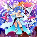  1boy 6+girls aisaki_emiru asymmetrical_legwear blue_eyes blue_hair blunt_bangs bow cape cone_hair_bun crown_necklace earrings fang guitar hair_bun hijiri_ageha hirogaru_sky!_precure holding holding_instrument holding_microphone hugtto!_precure in-franchise_crossover instrument jewelry kirakira_precure_a_la_mode light_purple_hair long_hair looking_at_viewer microphone mismatched_legwear monster_rally multiple_girls music nijigaoka_mashiro open_mouth orange_hair pink_hair playing_instrument precure ruru_amour singing smile sora_harewataru tategami_aoi trait_connection twintails yuunagi_tsubasa 