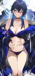  1girl bangs black_bra black_choker black_hair black_jacket black_panties blue_hair blush bra breasts choker collarbone crossed_bangs ear_piercing fang floral_background flower fur-trimmed_jacket fur_trim hair_between_eyes hair_flaps hair_over_breasts hands_on_own_stomach highres ichinose_uruha jacket lace-trimmed_bra lace-trimmed_panties lace_trim large_breasts legs_together long_hair looking_at_viewer lupinus_virtual_games midriff multi-strapped_panties multicolored_hair navel off_shoulder panties piercing purple_eyes ripples rose smile solo star_(symbol) star_print stomach strap streaked_hair thorns tomochi_(tmc_tmc8) underwear virtual_youtuber vspo! 