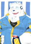  2023 absurd_res anthro belly big_belly black_nose blush can canid canine canis clothed clothing container domestic_dog eyes_closed fur hi_res humanoid_hands kemono lifewonders live_a_hero male mammal overweight overweight_male simple_background smile solo white_body white_fur wnsgh2466 yohack 