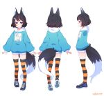  1girl absurdres animal_ears black_hair black_shorts black_thighhighs blue_hoodie fox_ears fox_girl fox_tail full_body highres hood hood_down hoodie long_sleeves orange_thighhighs puffy_long_sleeves puffy_sleeves sakmott shoes short_hair shorts sneakers standing striped striped_thighhighs tail thighhighs vrchat 