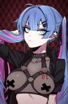  1girl artist_request black_choker blue_eyes blue_hair breasts chest_tattoo choker earrings fishnet_top fishnets gothic hatsune_miku jewelry long_hair looking_at_viewer midriff non-web_source pasties solo tattoo twintails 