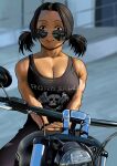  1girl arung_samudra_(cessa) biceps black_hair black_tank_top blurry blurry_background breasts cessa cleavage large_breasts looking_at_viewer motor_vehicle motorcycle muscular muscular_female ombok_diving_and_delivery_services print_tank_top shadow short_twintails smile solo sunglasses tank_top twintails upper_body 