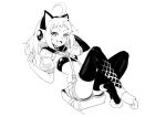  1girl :3 absurdres ahoge akita_kang animal_ear_headphones animal_ears antenna_(dohna_dohna) asymmetrical_footwear bag bandeau boots breasts cat_ear_headphones choker criss-cross_suspenders crossed_ankles dohna_dohna_issho_ni_warui_koto_o_shiyou fake_animal_ears fang full_body greyscale headphones highres huge_ahoge looking_at_viewer medium_hair mismatched_footwear monochrome navel open_mouth roller_skates short_eyebrows short_shorts short_sleeves shorts simple_background sitting skates skin_fang small_breasts smile solo thigh_boots 
