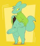  anthro big_penis blue_body blue_fur bottomless canid canine clothed clothing clothing_lift foreskin fox fur genitals green_clothing green_shirt green_topwear hi_res humanoid_genitalia humanoid_penis looking_at_viewer male mammal narrowed_eyes penis psy_(squishy) shirt shirt_lift shirt_only solo squishy_(artist) sweater topwear topwear_only yellow_sclera 