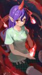  1girl blush closed_mouth fire green_shirt green_shorts highres horns long_hair pointy_ears purple_hair red_eyes red_horns shirt short_sleeves shorts single_horn solo tail teasmacker tenkajin_chiyari test_tube touhou 