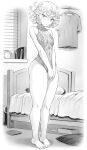  1girl bare_arms bed bedroom blush book bottomless breasts clock curly_hair full_body greyscale highres indoors looking_at_viewer meme_attire mogudan monochrome no_panties one-punch_man short_hair small_breasts solo standing tatsumaki virgin_killer_sweater window 