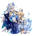  1boy 1girl absurdres black_gloves blonde_hair couple dress flower genshin_impact gloves hair_flower hair_ornament hetero highres kradebii long_hair neuvillette_(genshin_impact) short_hair simple_background white_background white_dress white_hair 