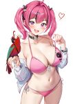  absurdres bikini bird breasts choker goddess_of_victory:_nikke hair_ornament highres jacket large_breasts mast_(nikke) parrot pink_bikini pink_hair regiana_(jubi) string_bikini swimsuit white_jacket 