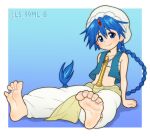  1boy aladdin_(magi) arabian_clothes arm_support baggy_pants blue_background blue_eyes blush border braid braided_ponytail closed_mouth collarbone commentary commission english_commentary feet flute full_body gradient_background hair_between_eyes instrument long_hair magi_the_labyrinth_of_magic male_focus pants shadow sleeveless smile soles solo toe_scrunch toenails toes tsukimaru_(ls_99ml) turban twitter_username very_long_hair white_border white_pants 
